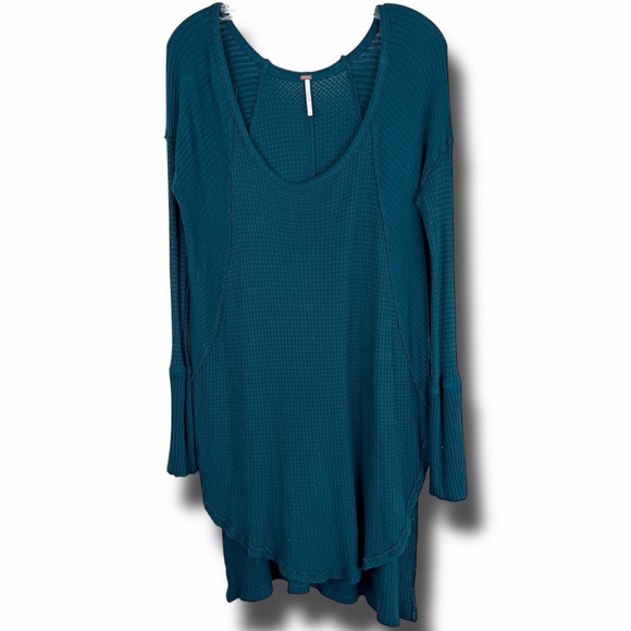 Free People Drippy Ventura Teal Green Long Sleeve Scoop Neck Waffle Henley Tunic - Picture 3 of 7
